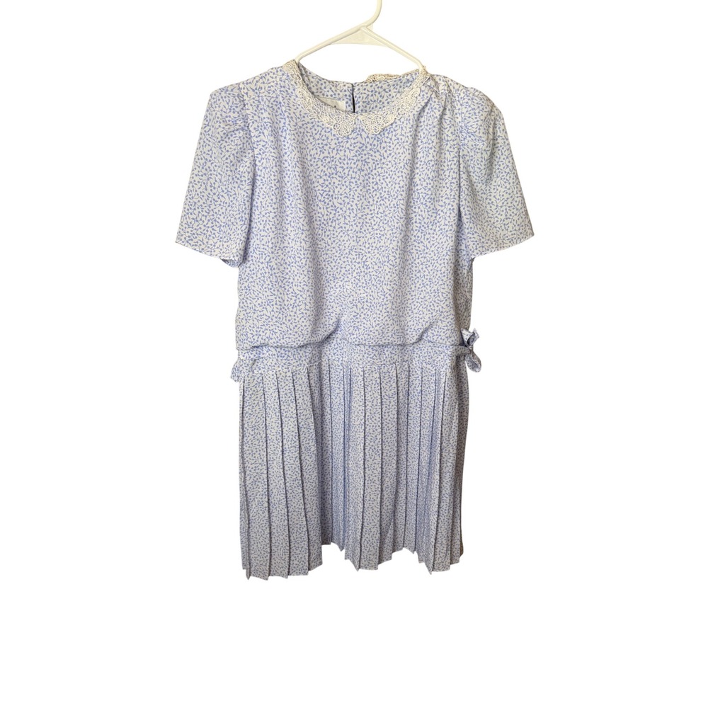 Vintage Jody California Blue White Floral Lace Collar Pleated Drop Waist Dress